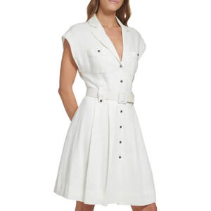 DKNY Women's Notched  Collar V-Neck Belted Shirtdress